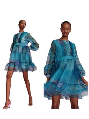 Cynthia Rowley Turquoise Watercolor Lace Dress Sheer Sleeve Spring Party Mini S